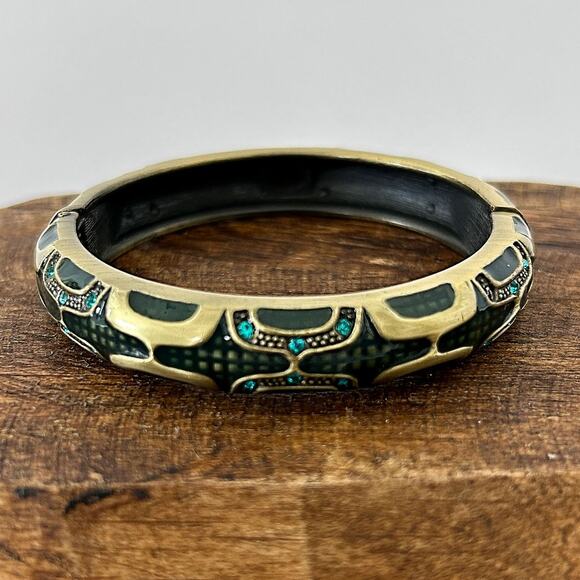 Vintage Enamel Rhinestone Bangle Bracelet Hinged 7" Diameter Costume Jewelry - Picture 1 of 7